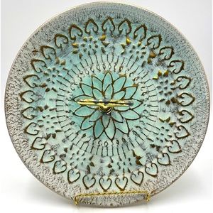 Vintage Stangl Pottery: Hand Painted Blue-Green & Gold 10” Tidbit Plate w/Handle